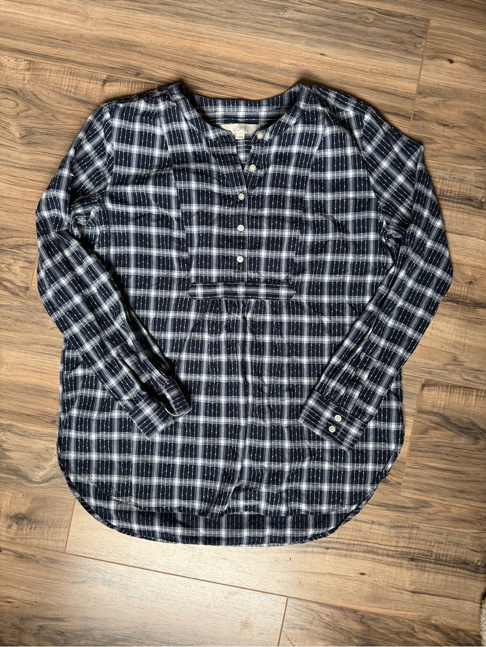 LOFT Navy and White Plaid Button-Front Tunic
